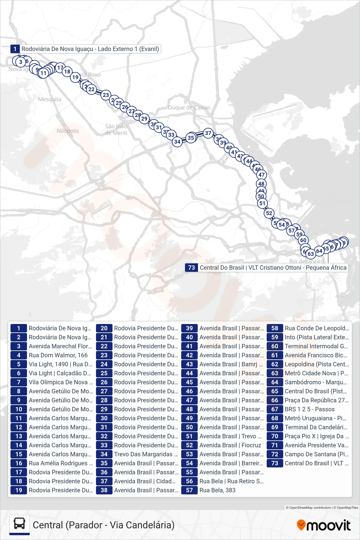 Rota e paradas da linha de ônibus 114B (Central (Parador - Via Candelária)) no mapa