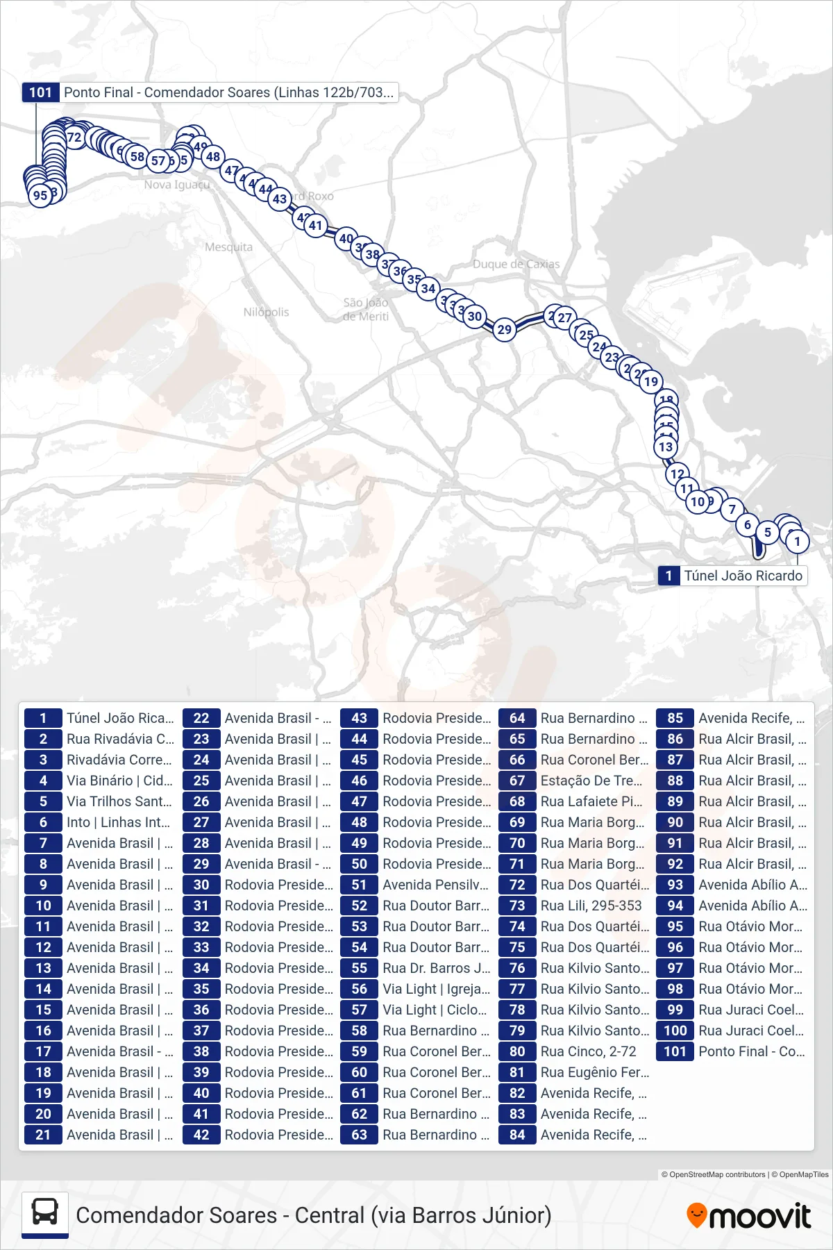 122B bus Line (Comendador Soares (Parador)) route and stops on a map