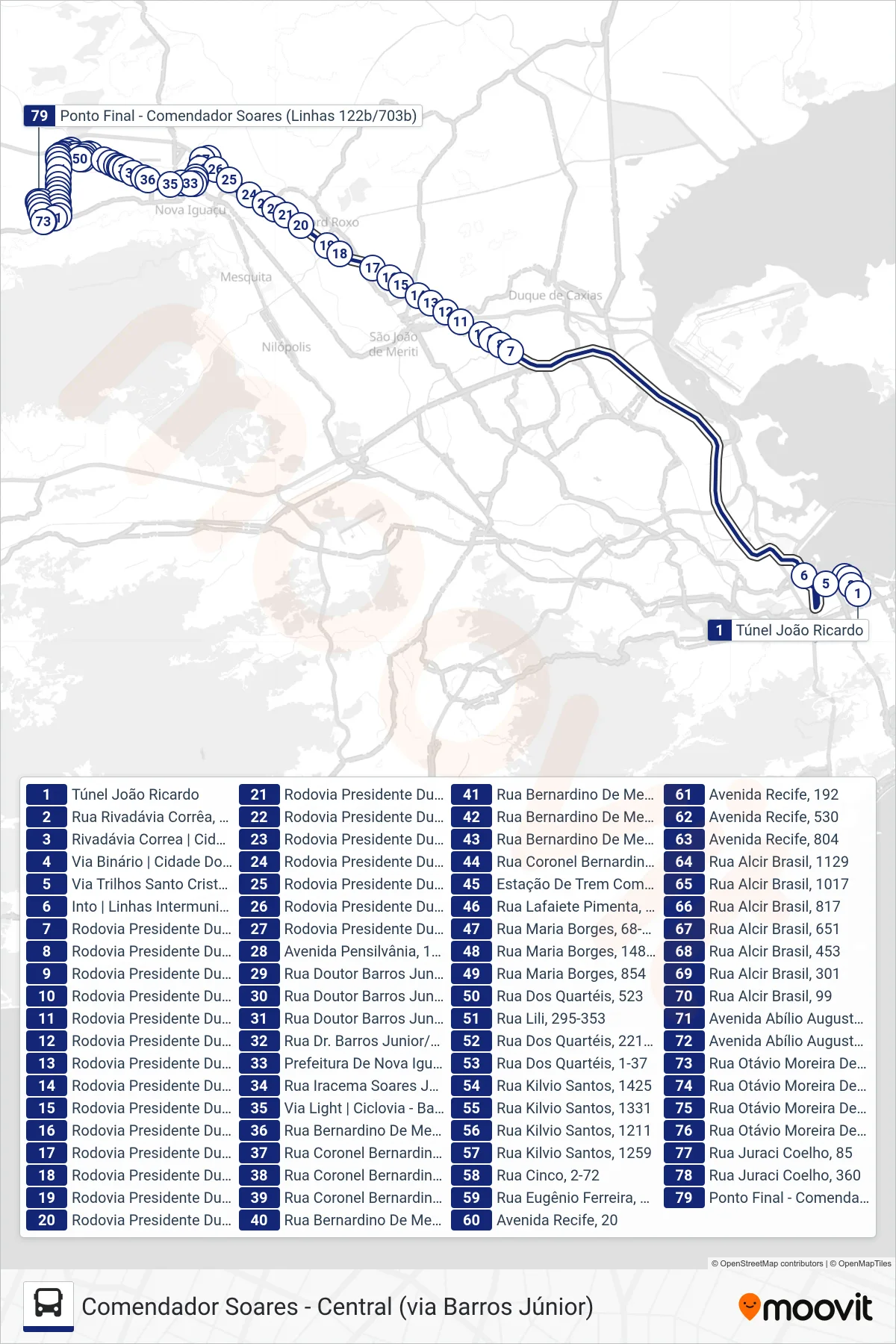 122B bus Line (Comendador Soares (Rápido)) route and stops on a map