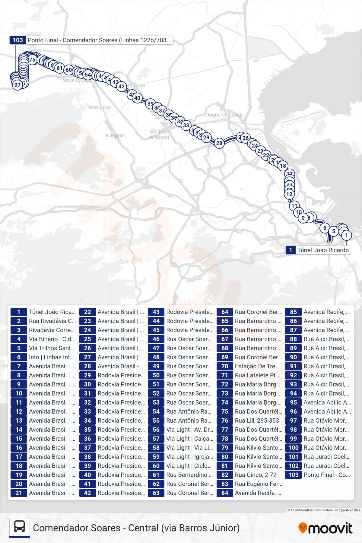 Rota e paradas da linha de ônibus 122B (Comendador Soares (Parador - Via Plínio Casado)) no mapa
