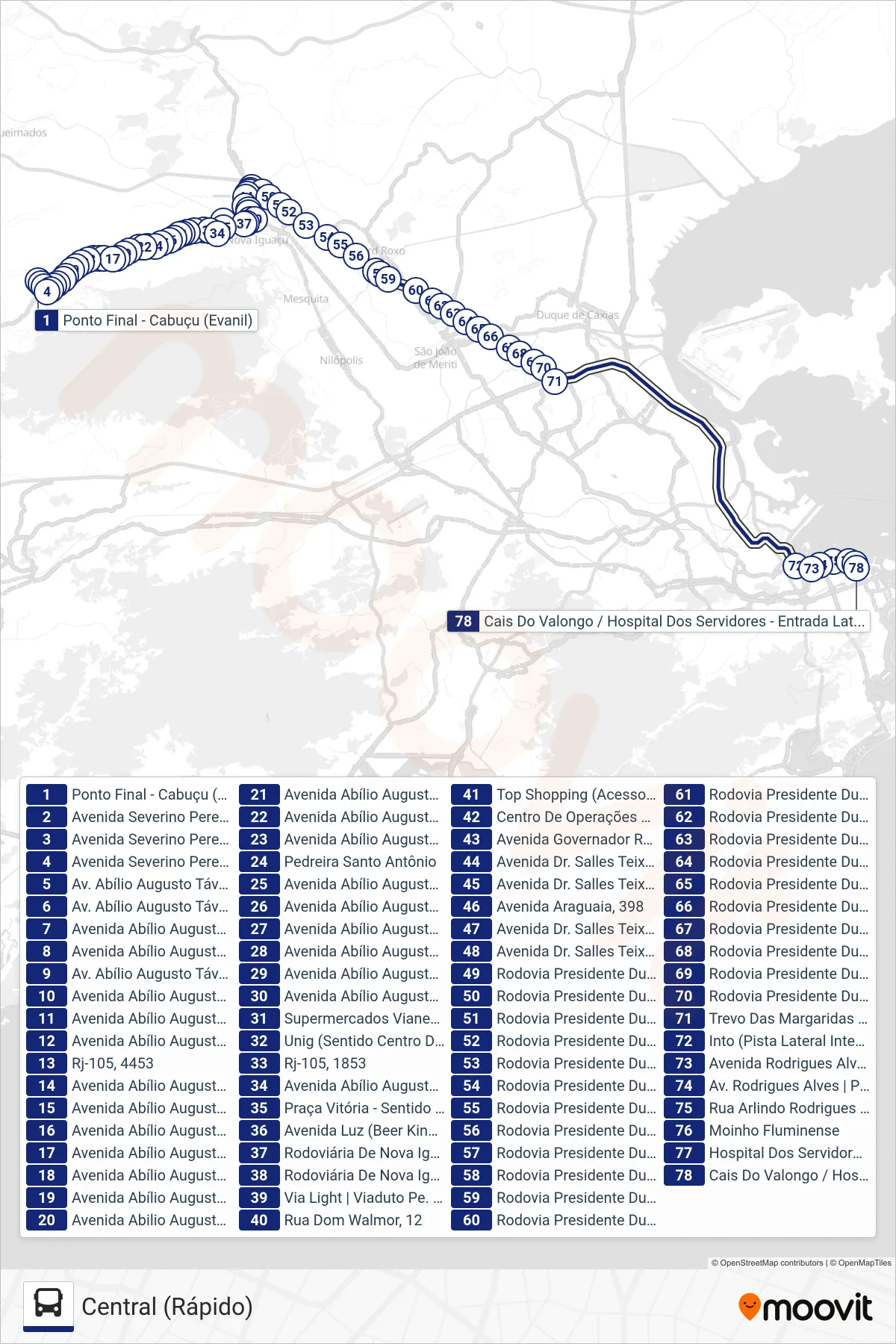 Rota e paradas da linha de ônibus  442B  (Central (Rápido)) no mapa