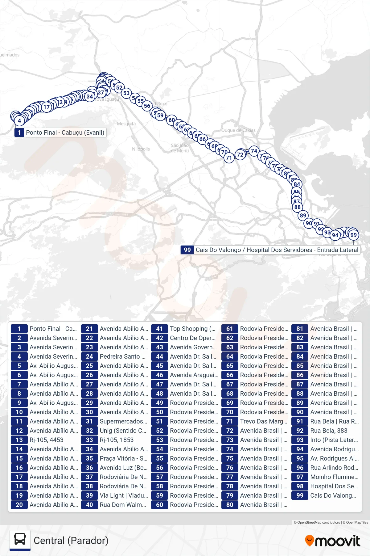 Rota e paradas da linha de ônibus  442B  (Central (Parador)) no mapa