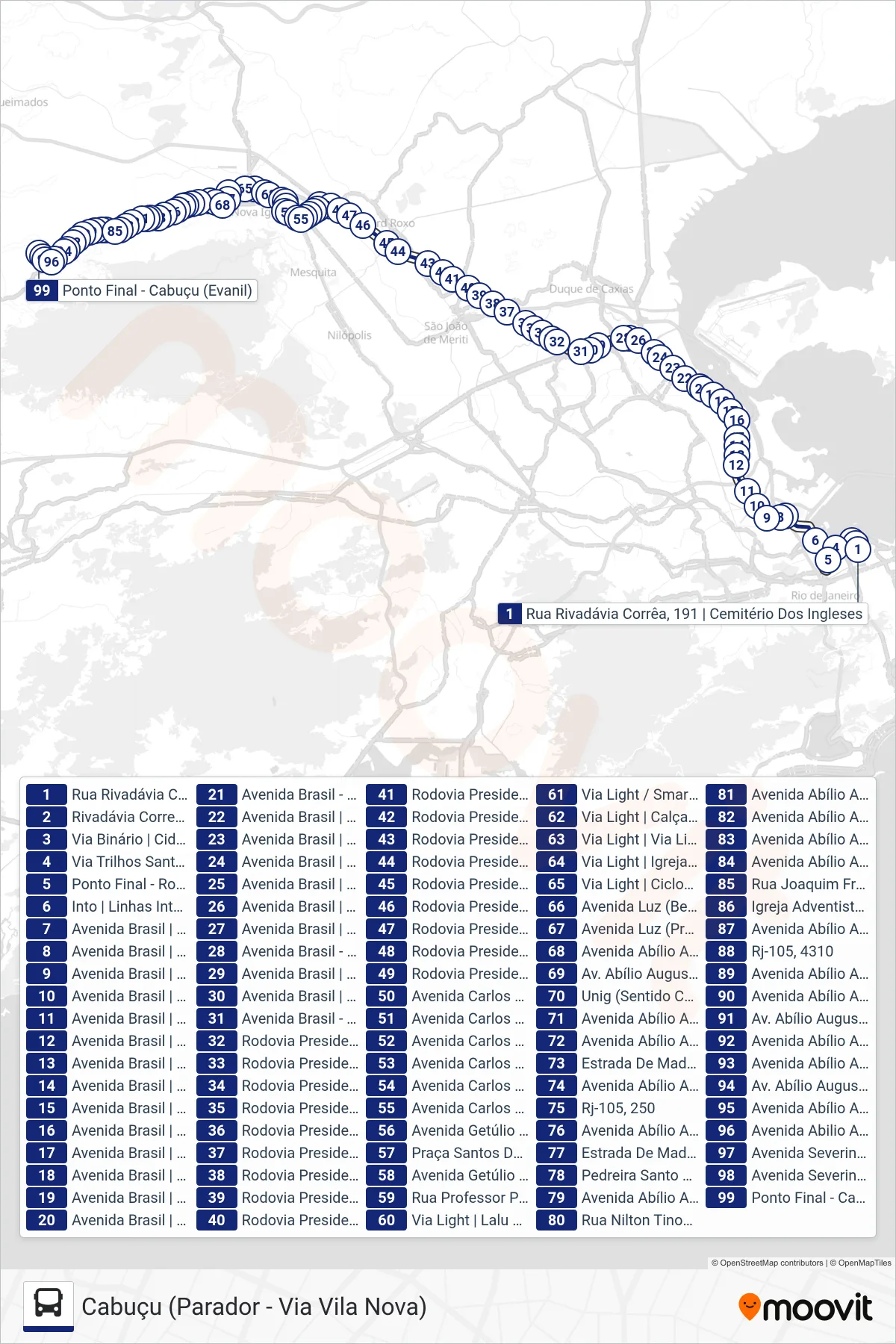 Rota e paradas da linha de ônibus  442B  (Cabuçu (Parador - Via Vila Nova)) no mapa