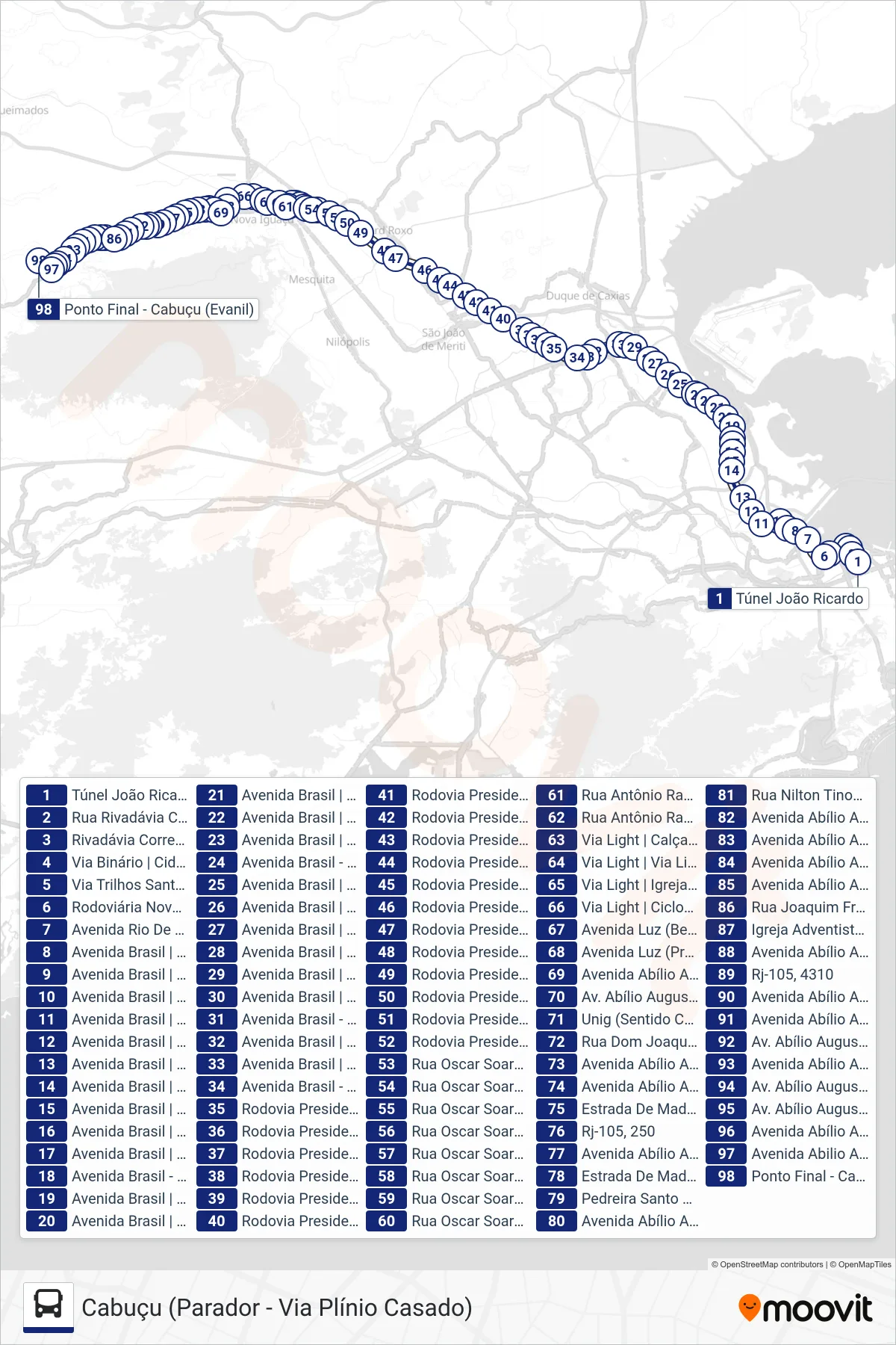 Rota e paradas da linha de ônibus  442B  (Cabuçu (Parador - Via Plínio Casado)) no mapa