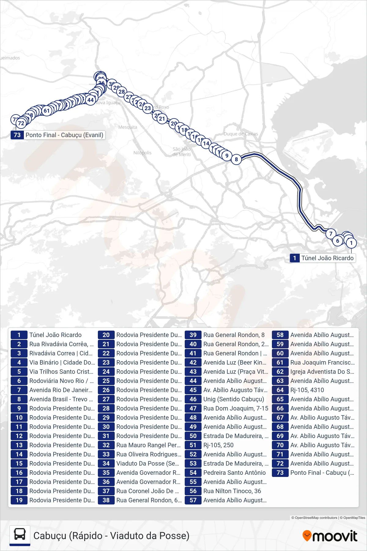 Rota e paradas da linha de ônibus  442B  (Cabuçu (Rápido - Viaduto da Posse)) no mapa