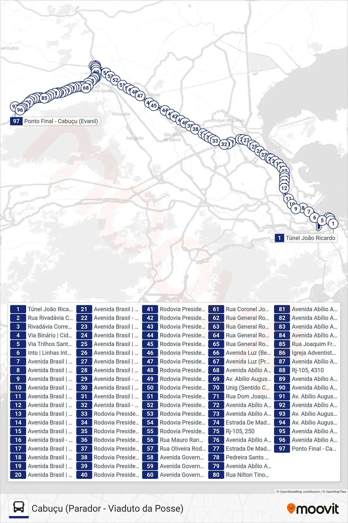 Rota e paradas da linha de ônibus  442B  (Cabuçu (Parador - Viaduto da Posse)) no mapa