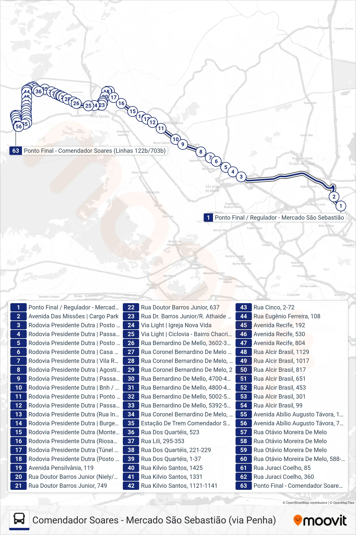 Rota e paradas da linha de ônibus 703B (Comendador Soares) no mapa