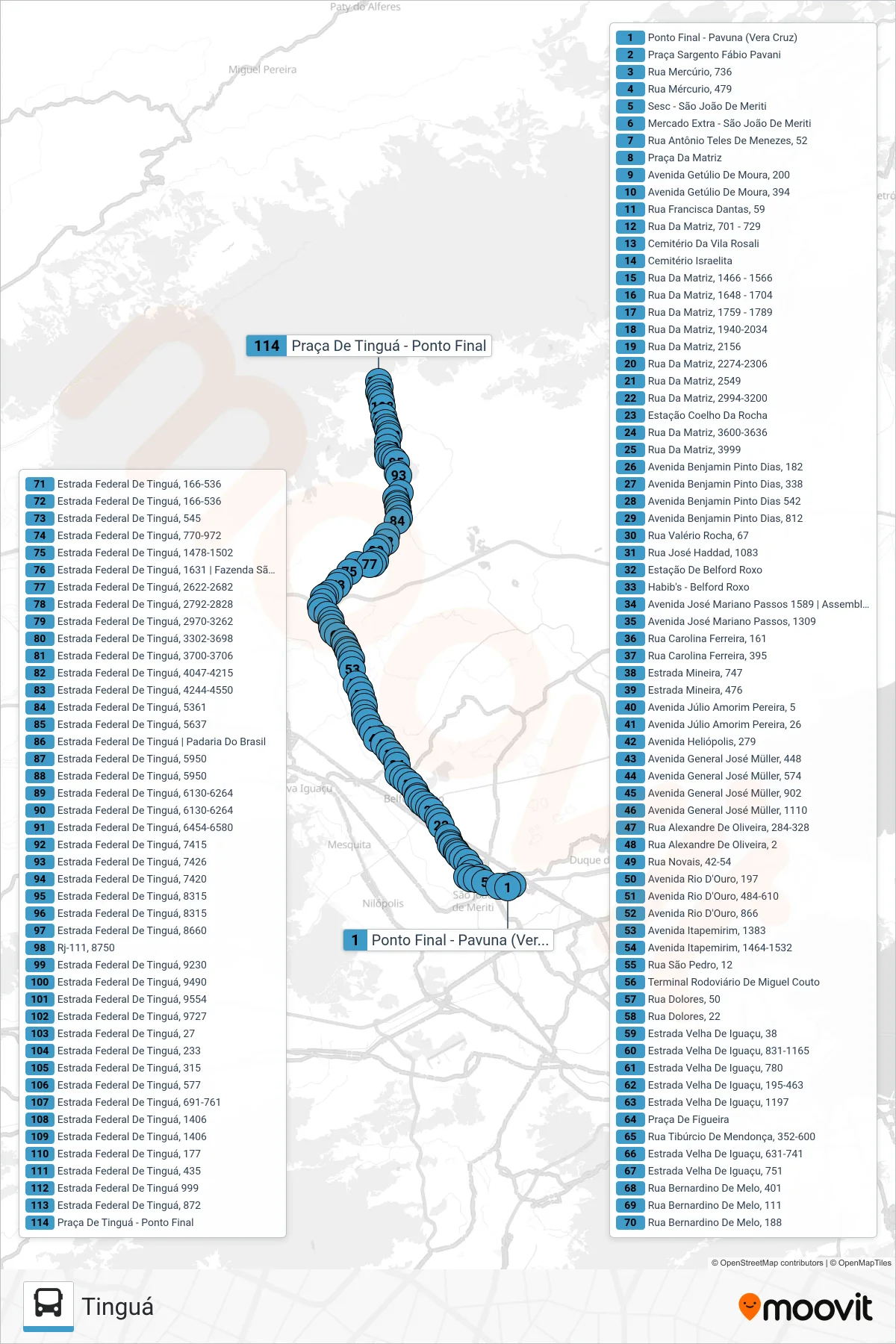 Rota e paradas da linha de ônibus 423I (Tinguá) no mapa