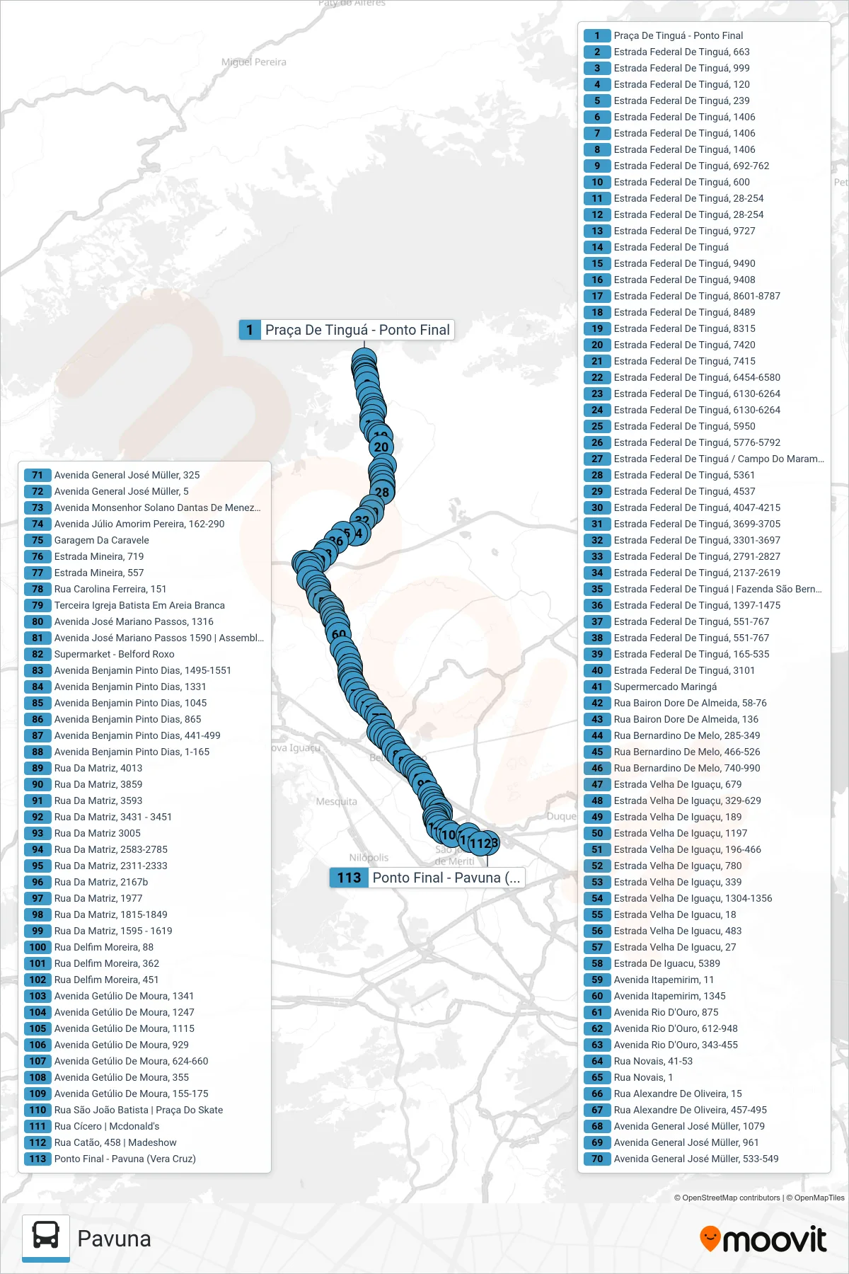 Rota e paradas da linha de ônibus 423I (Pavuna) no mapa