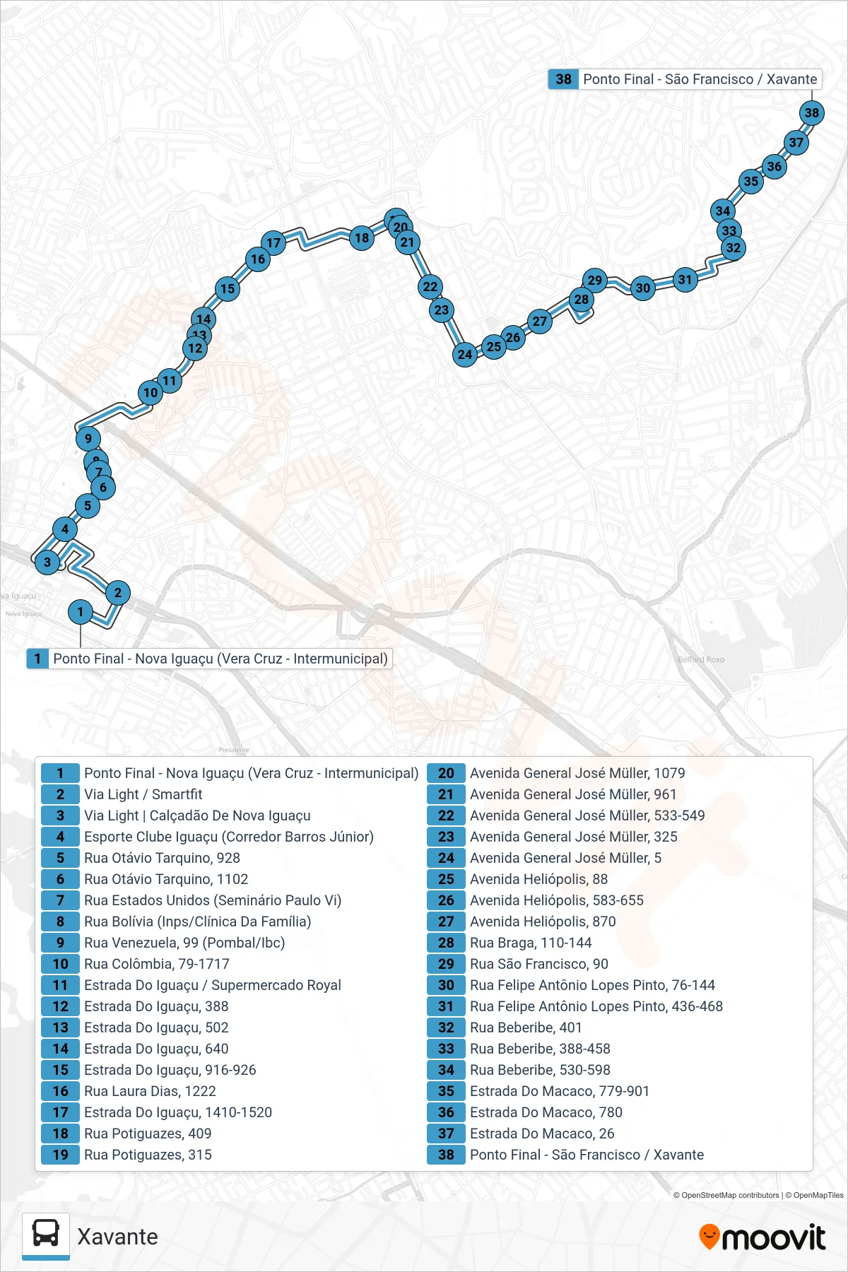 Rota e paradas da linha de ônibus 630I (Xavante) no mapa