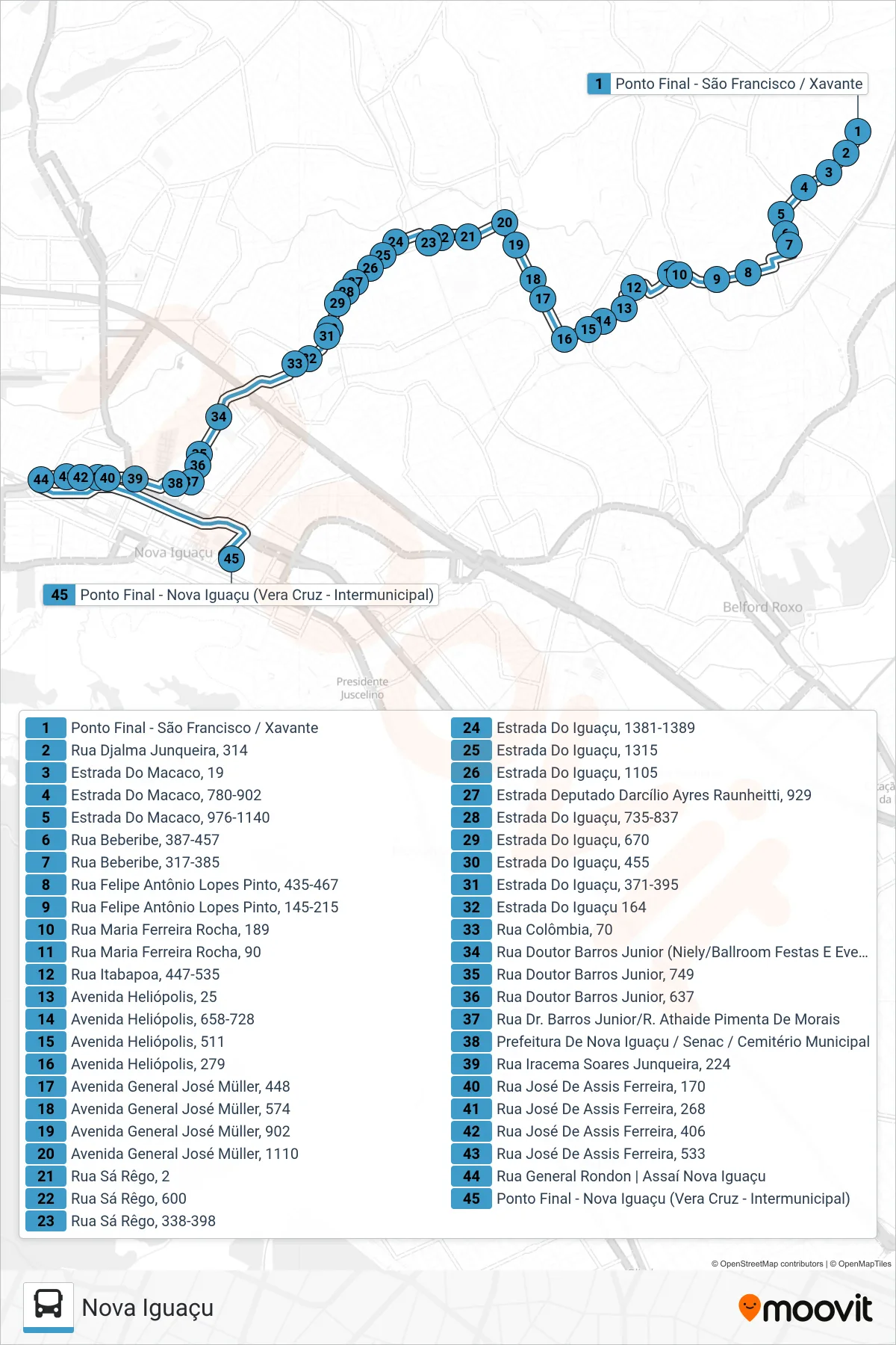 Rota e paradas da linha de ônibus 630I (Nova Iguaçu) no mapa