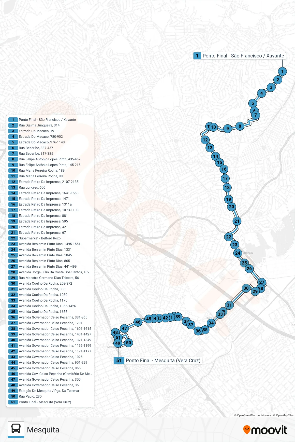 Rota e paradas da linha de ônibus  780I  (Mesquita) no mapa