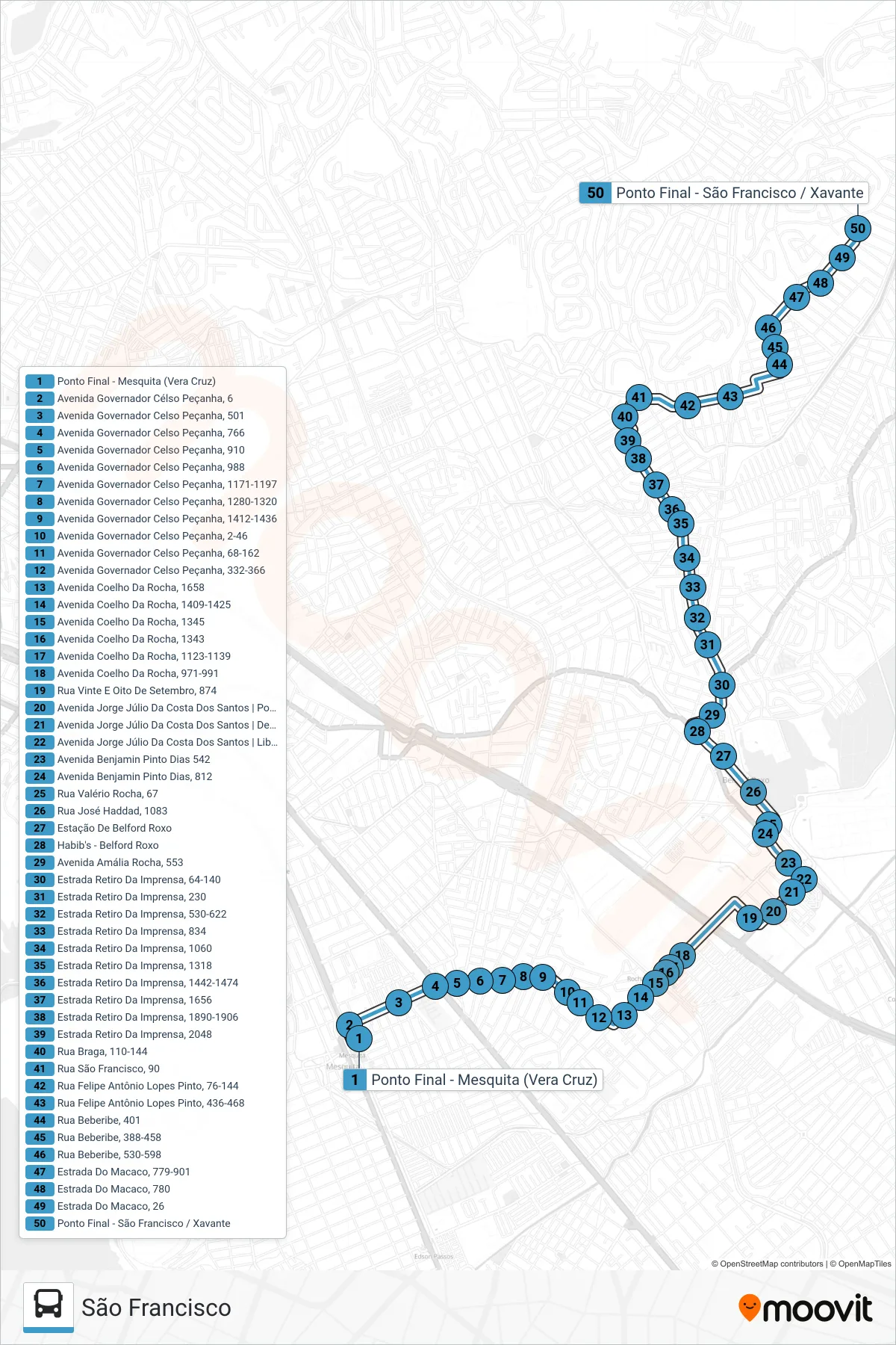 780I bus Line (São Francisco) route and stops on a map