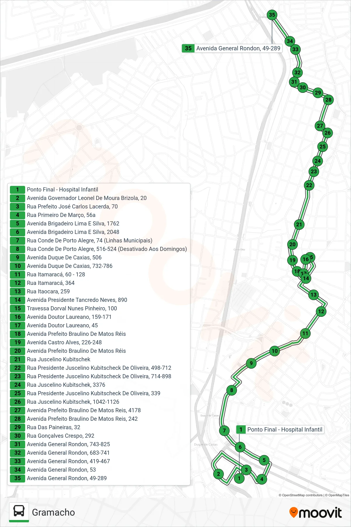 Rota e paradas da linha de ônibus 13 (Gramacho) no mapa