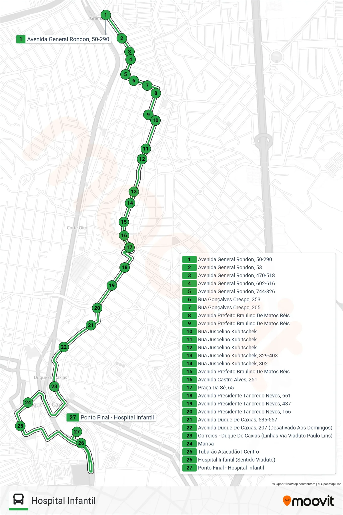 Rota e paradas da linha de ônibus 13 (Hospital Infantil) no mapa