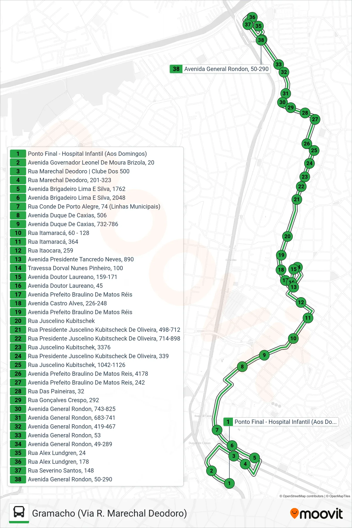 Rota e paradas da linha de ônibus 13 (Gramacho (Via R. Marechal Deodoro)) no mapa