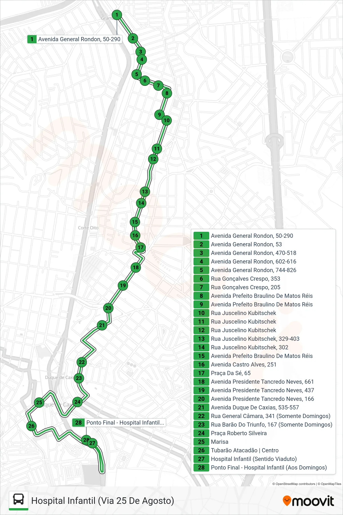 13 bus Line (Hospital Infantil (Via 25 De Agosto)) route and stops on a map