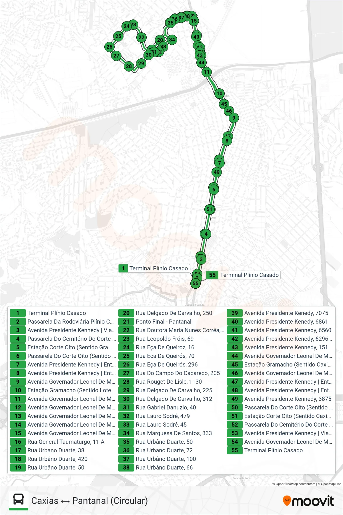 Rota e paradas da linha de ônibus 15 (Caxias ↔ Pantanal (Circular)) no mapa