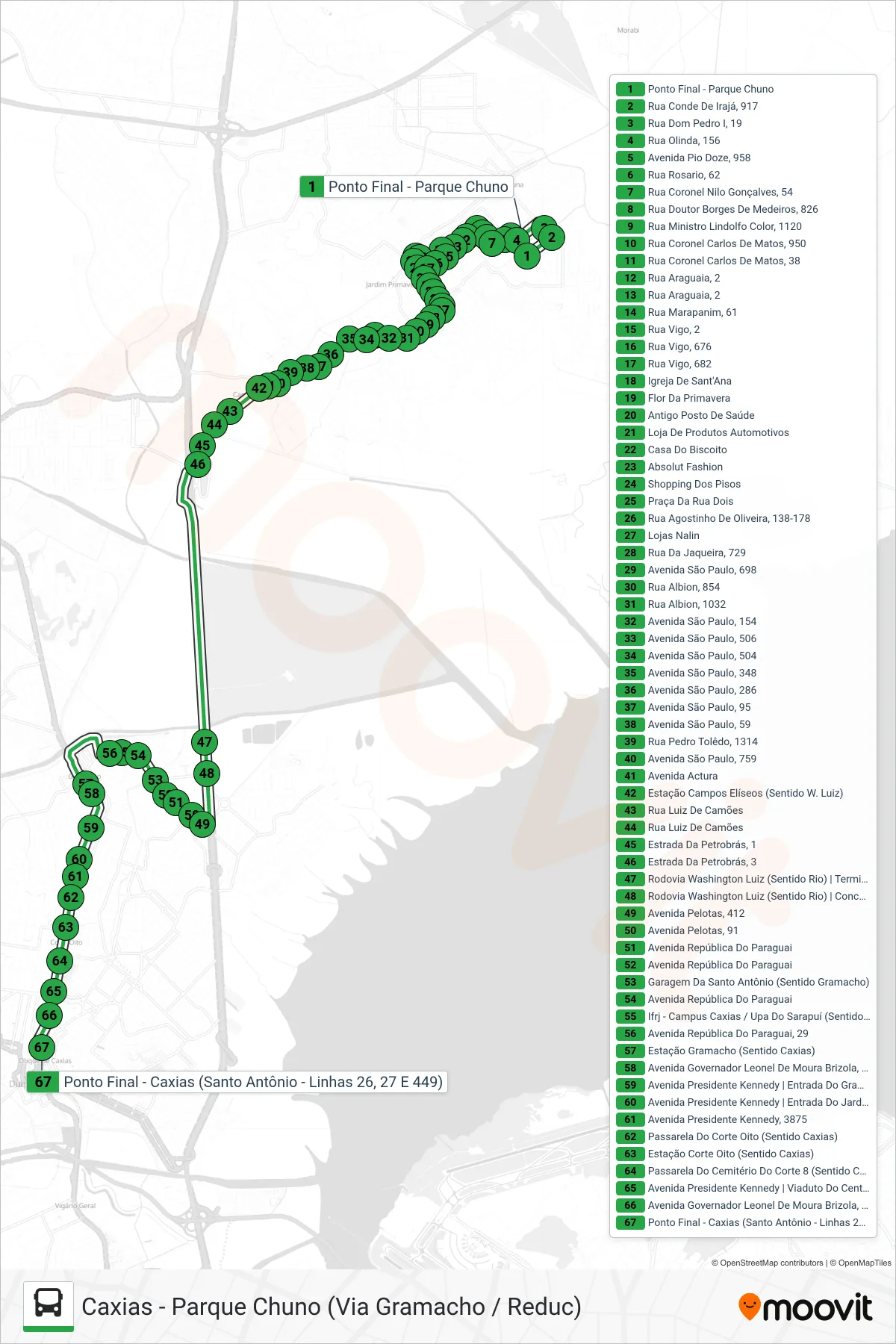 Rota e paradas da linha de ônibus 27 (Caxias) no mapa