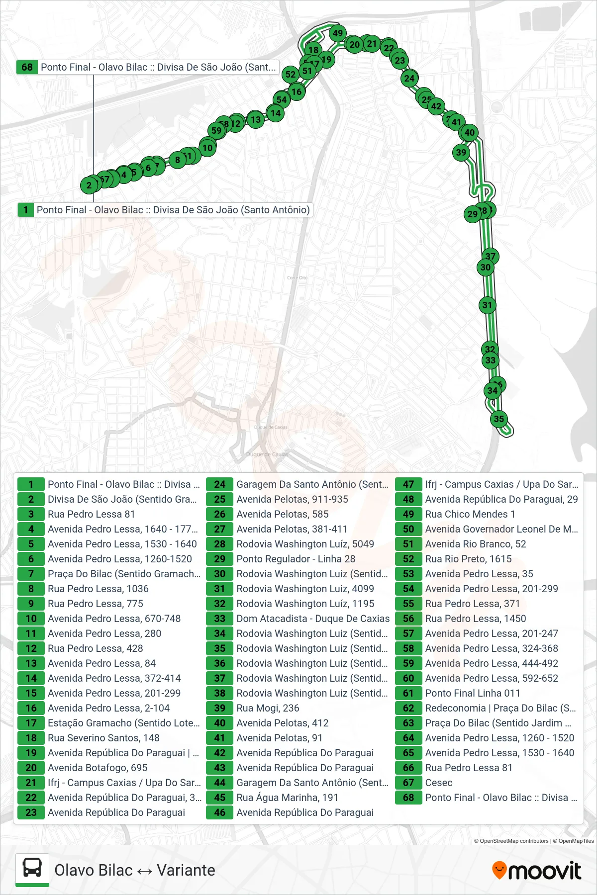 Rota e paradas da linha de ônibus 28 (Olavo Bilac ↔ Variante) no mapa