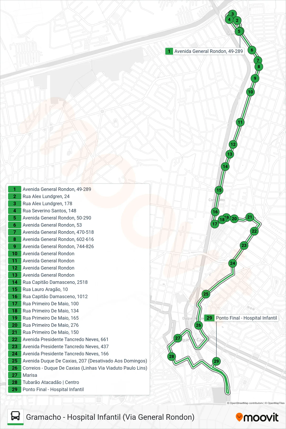 Rota e paradas da linha de ônibus  30  (Hospital Infantil) no mapa