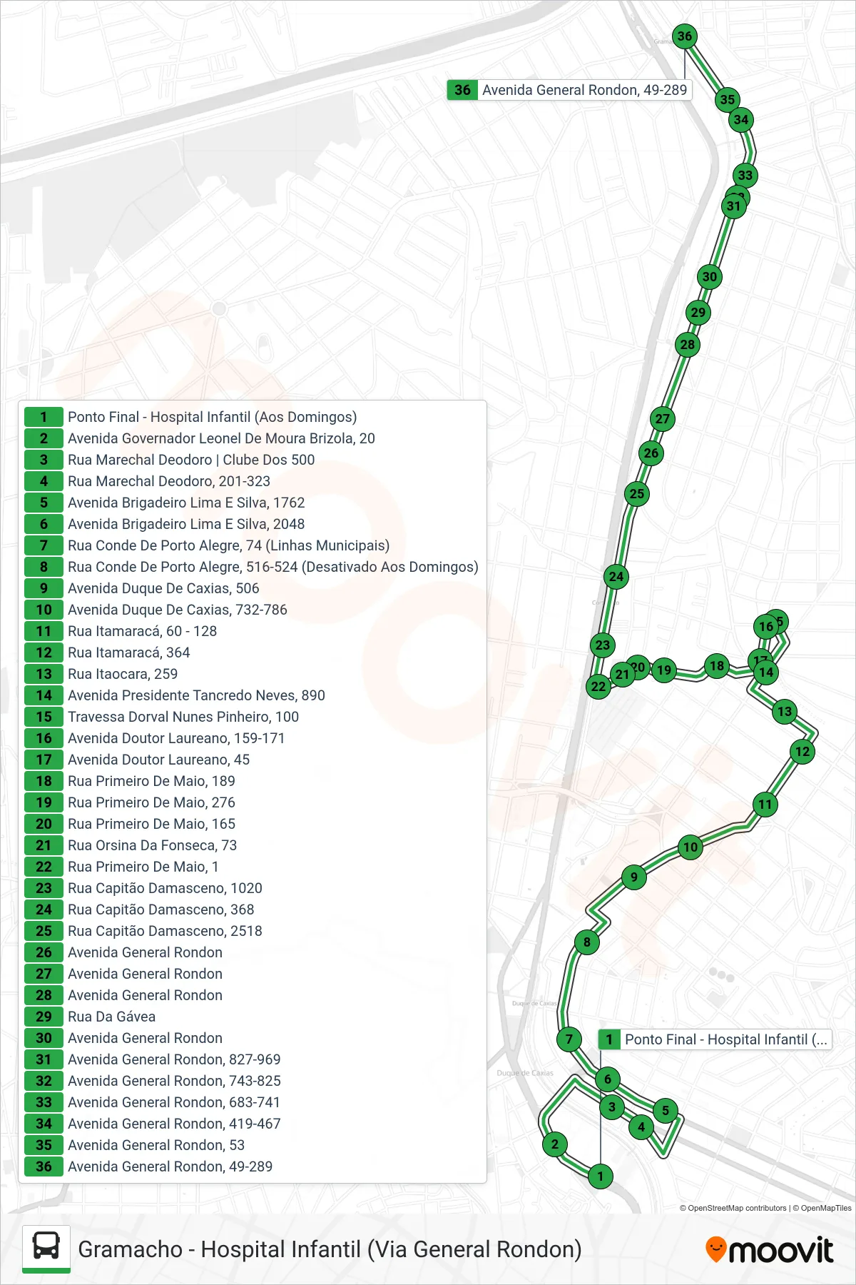 Rota e paradas da linha de ônibus 30 (Gramacho (Via R. Marechal Deodoro)) no mapa