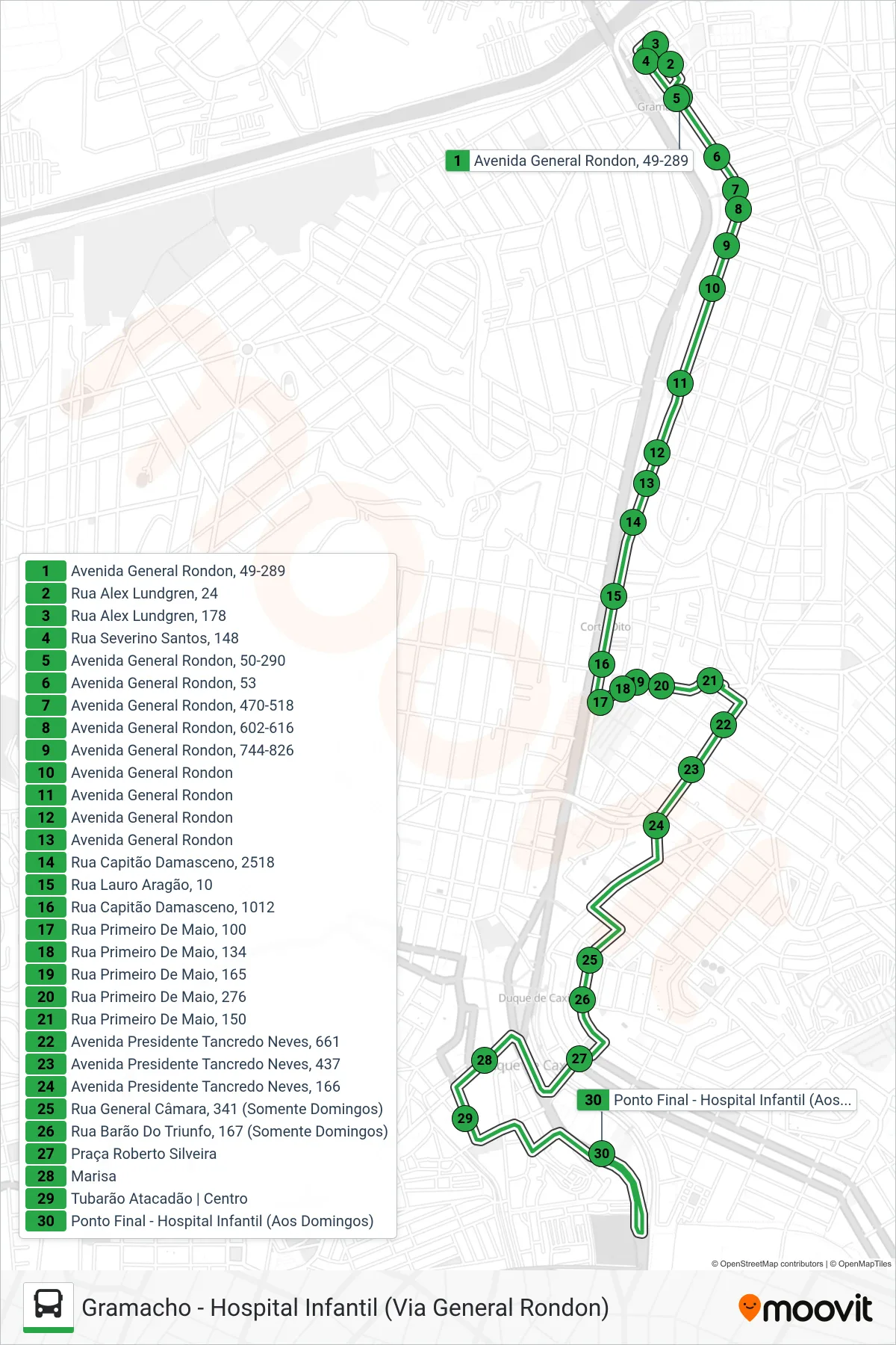 Rota e paradas da linha de ônibus 30 (Hospital Infantil (Via 25 De Agosto)) no mapa
