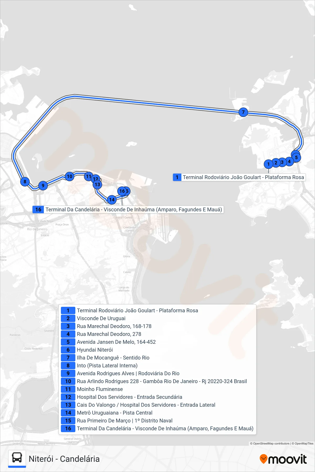 Rota e paradas da linha de ônibus  100D  (Candelária) no mapa