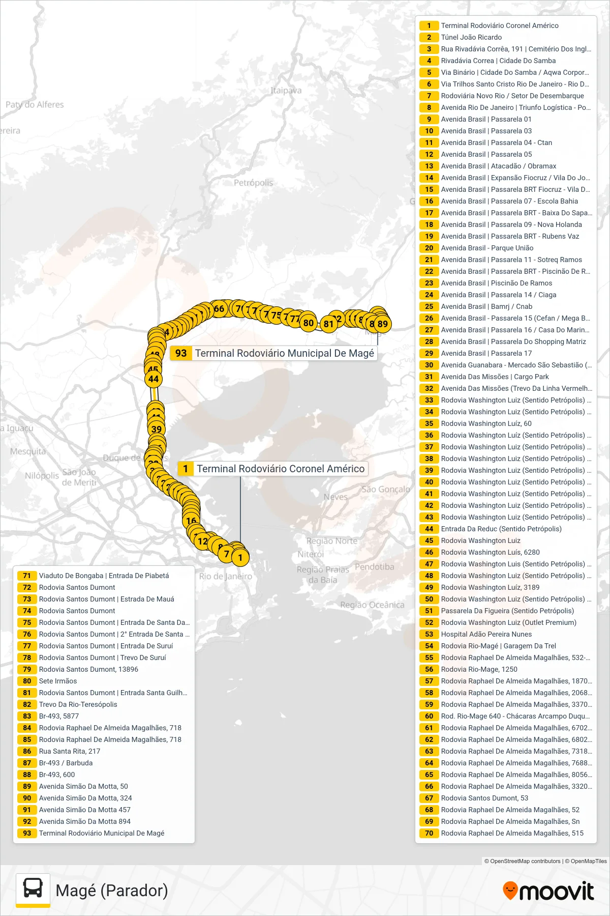 Rota e paradas da linha de ônibus 125C (Magé (Parador)) no mapa