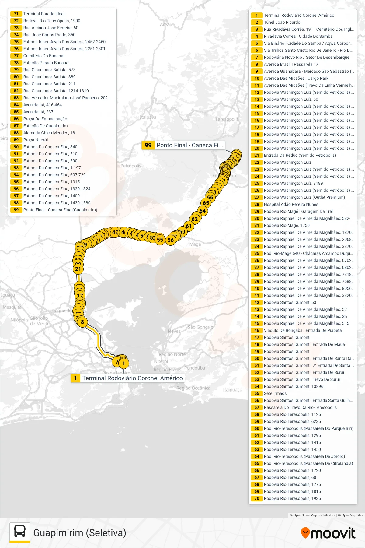 Rota e paradas da linha de ônibus 195C (Guapimirim (Seletiva)) no mapa