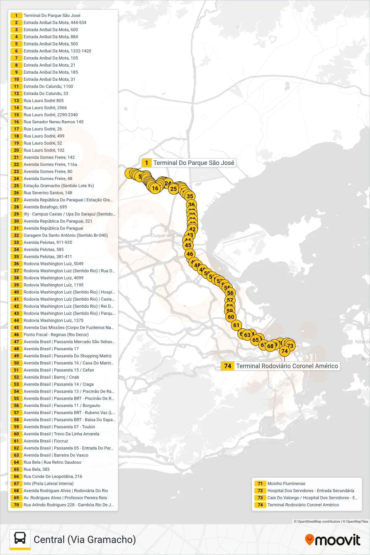 Rota e paradas da linha de ônibus  416C  (Central (Via Gramacho)) no mapa