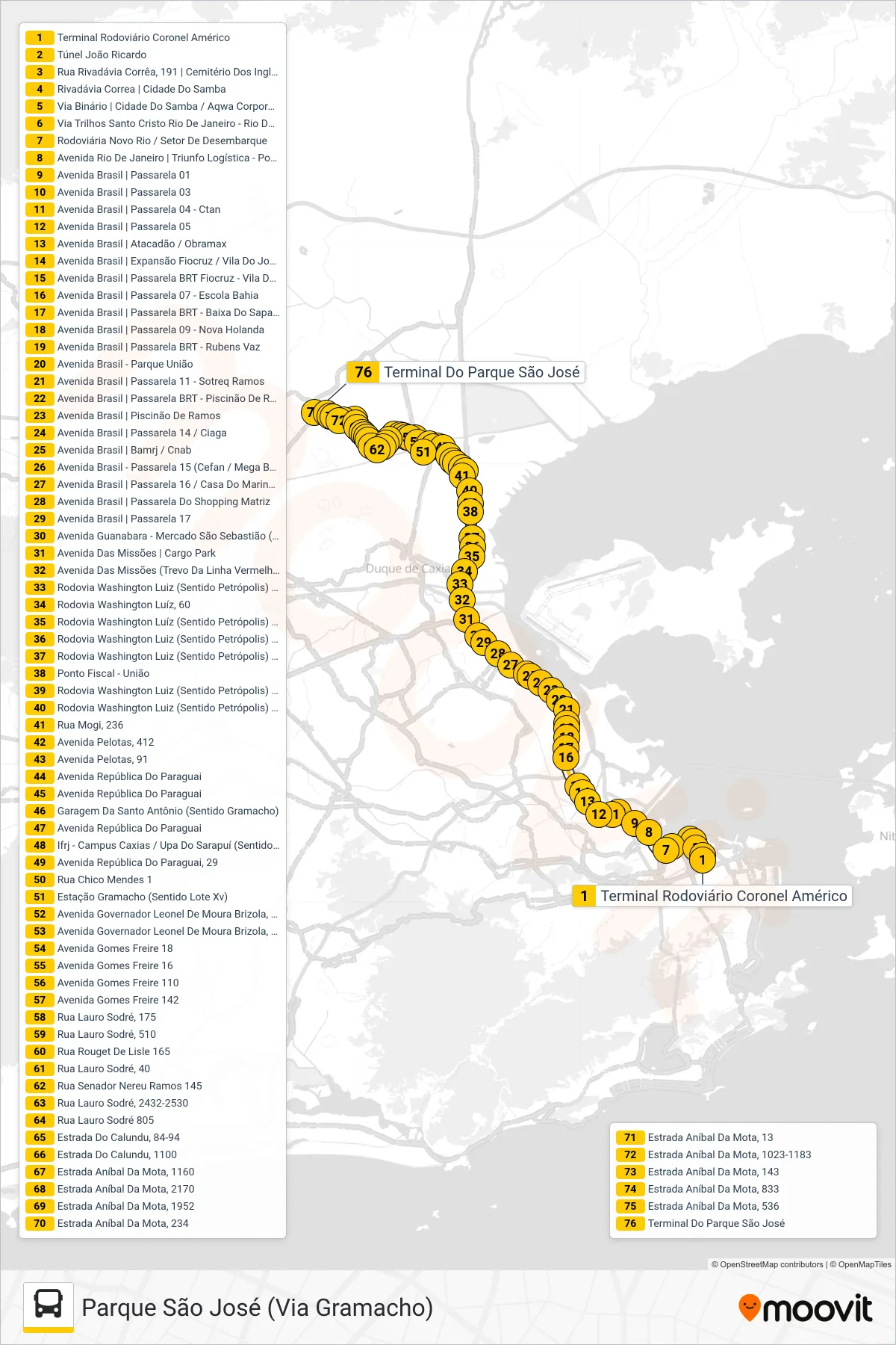 Rota e paradas da linha de ônibus 416C (Parque São José (Via Gramacho)) no mapa