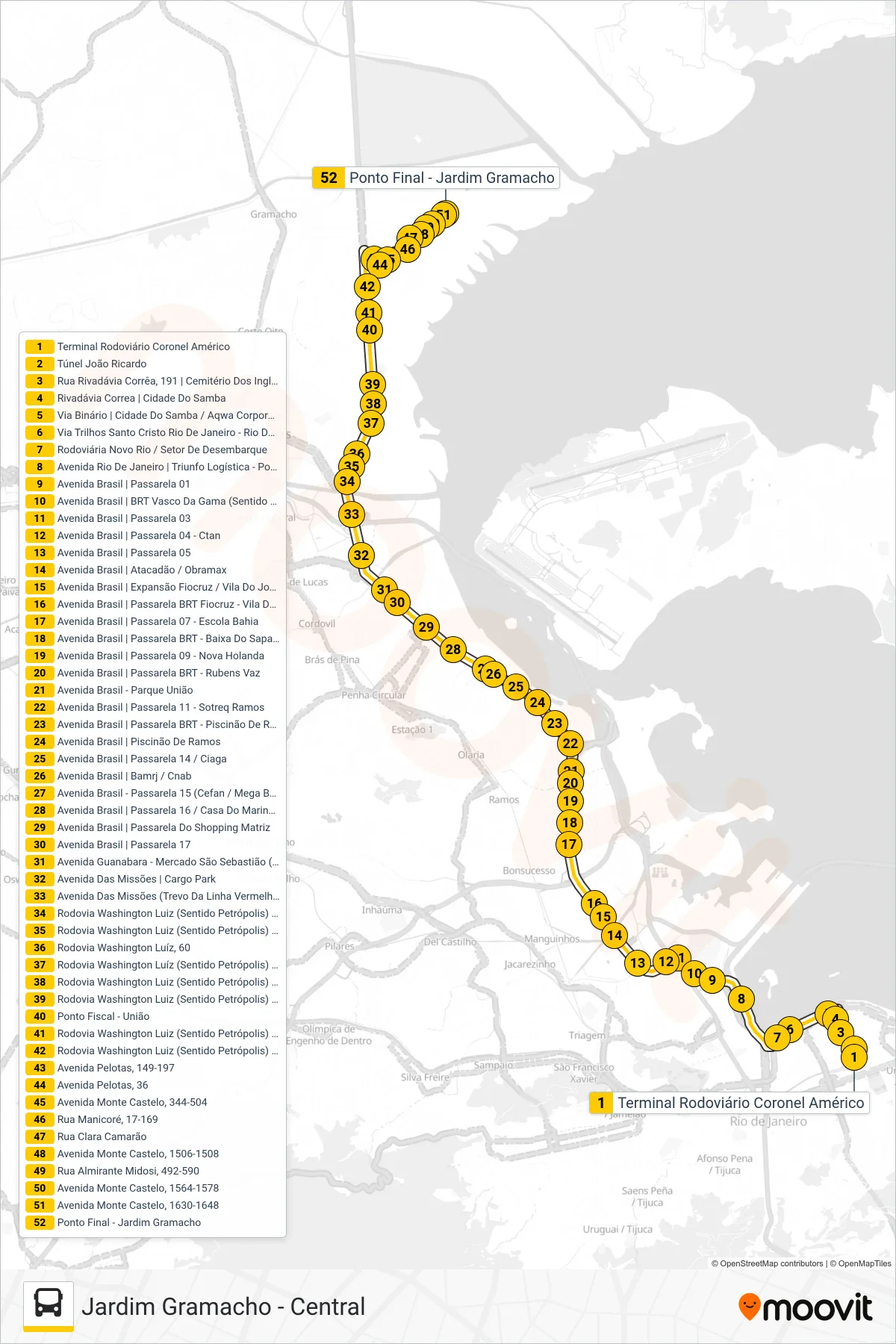 Rota e paradas da linha de ônibus 422C (Jardim Gramacho (via Caxias Shopping)) no mapa