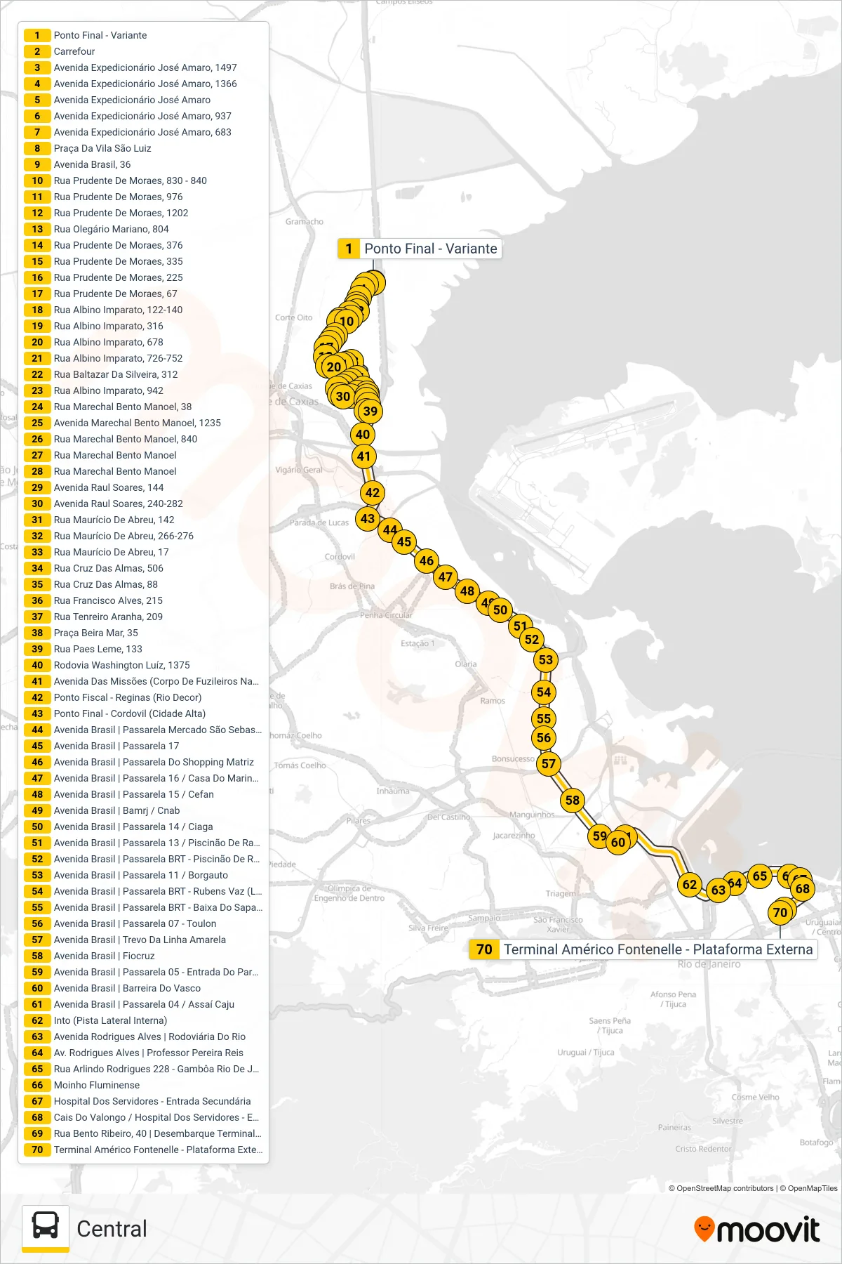 Rota e paradas da linha de ônibus  424C  (Central) no mapa