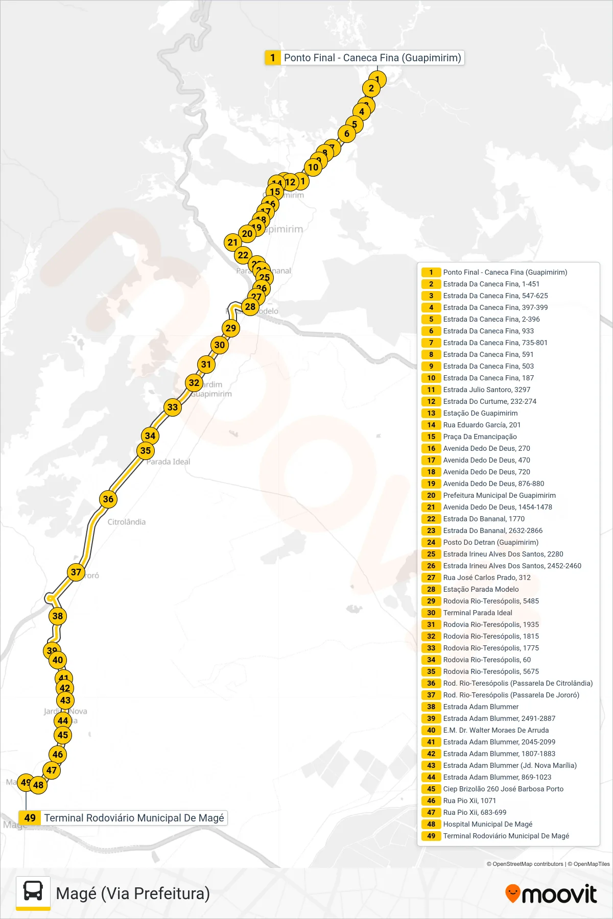 Rota e paradas da linha de ônibus 800I (Magé (Via Prefeitura)) no mapa
