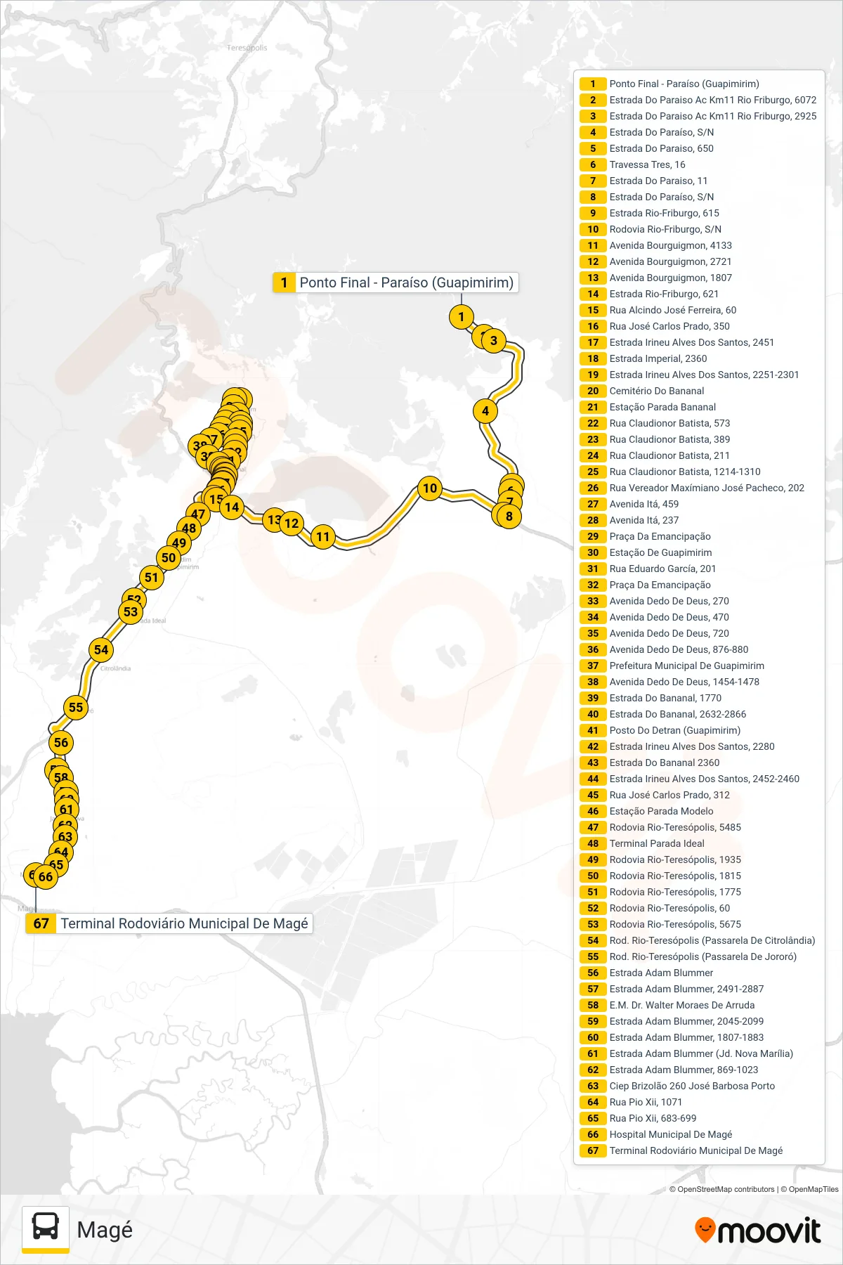Rota e paradas da linha de ônibus 805I (Magé) no mapa