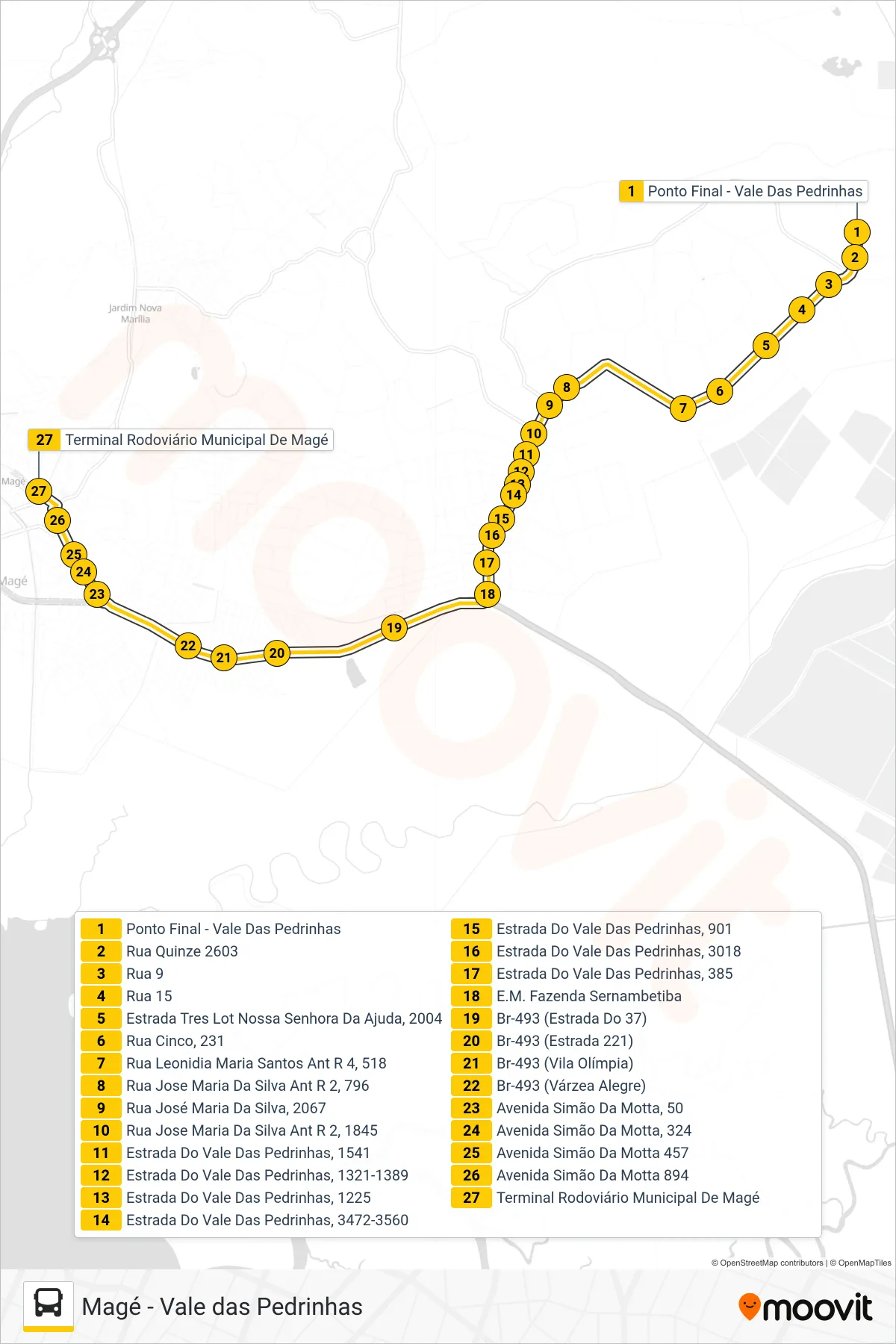 Rota e paradas da linha de ônibus 815I (Magé) no mapa
