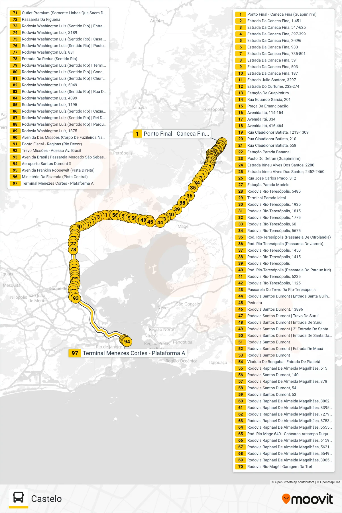 Rota e paradas da linha de ônibus 2195C (EXECUTIVO) (Castelo) no mapa
