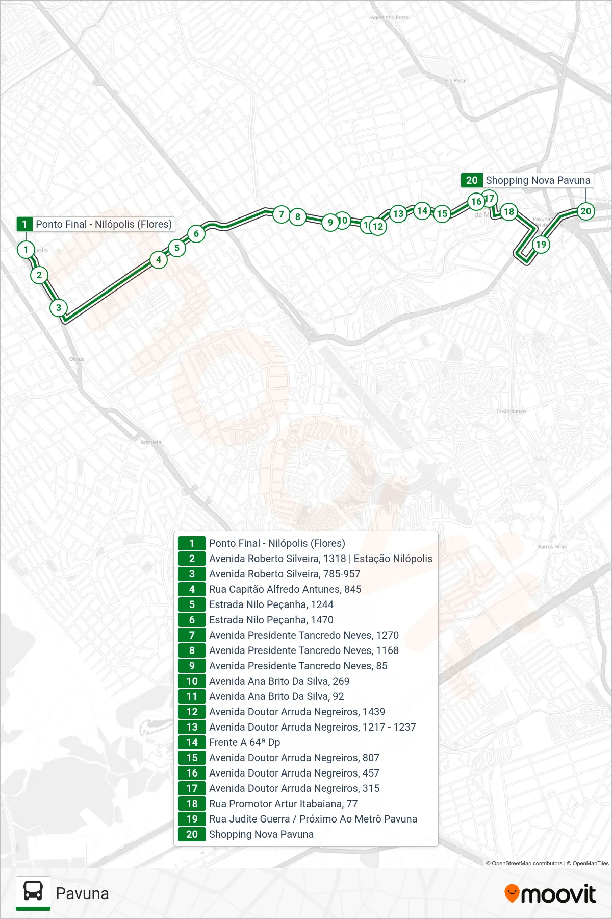 Rota e paradas da linha de ônibus 104I (Pavuna) no mapa