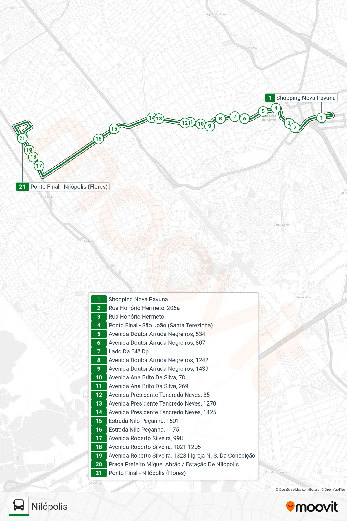 Rota e paradas da linha de ônibus 104I (Nilópolis) no mapa