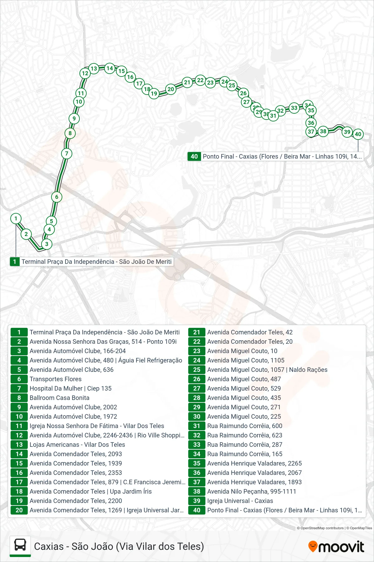 Rota e paradas da linha de ônibus 109I (Caxias (Via Vilar Dos Teles)) no mapa