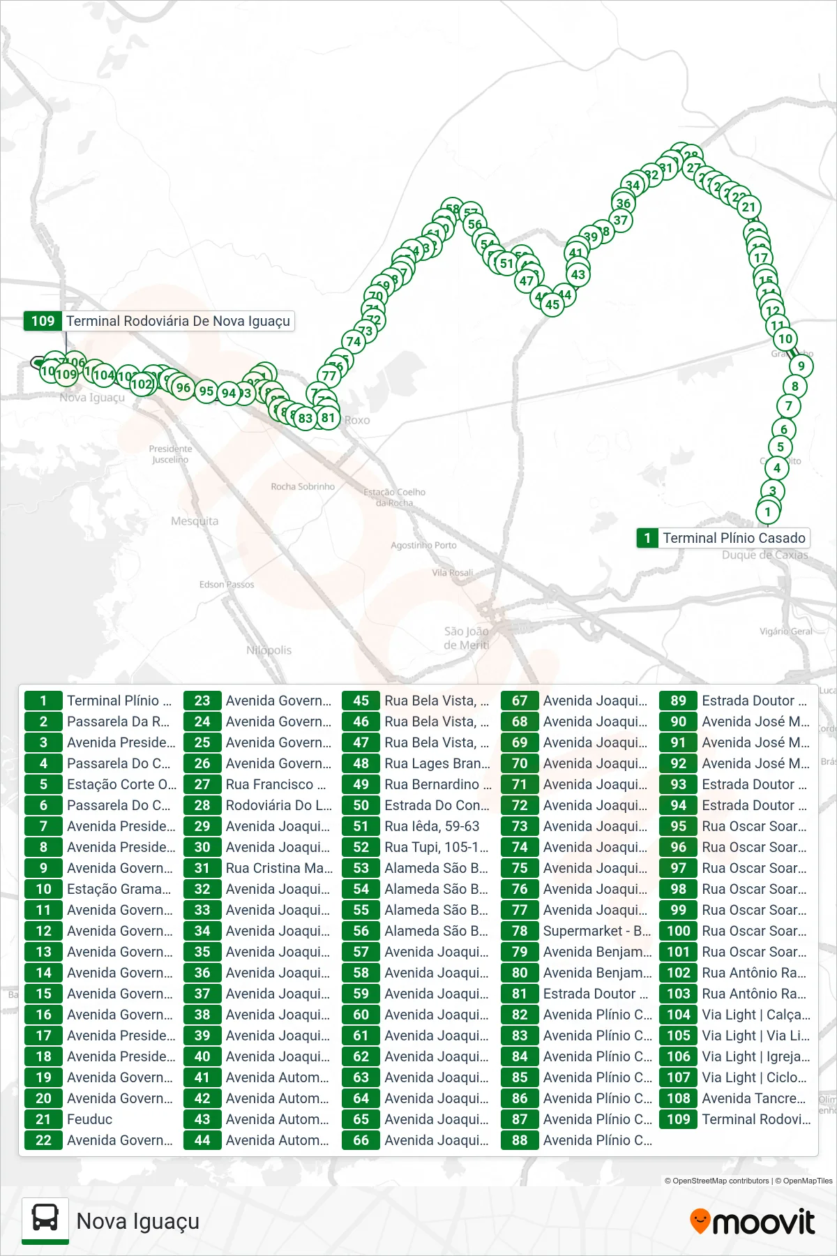 Rota e paradas da linha de ônibus 116I (Nova Iguaçu) no mapa