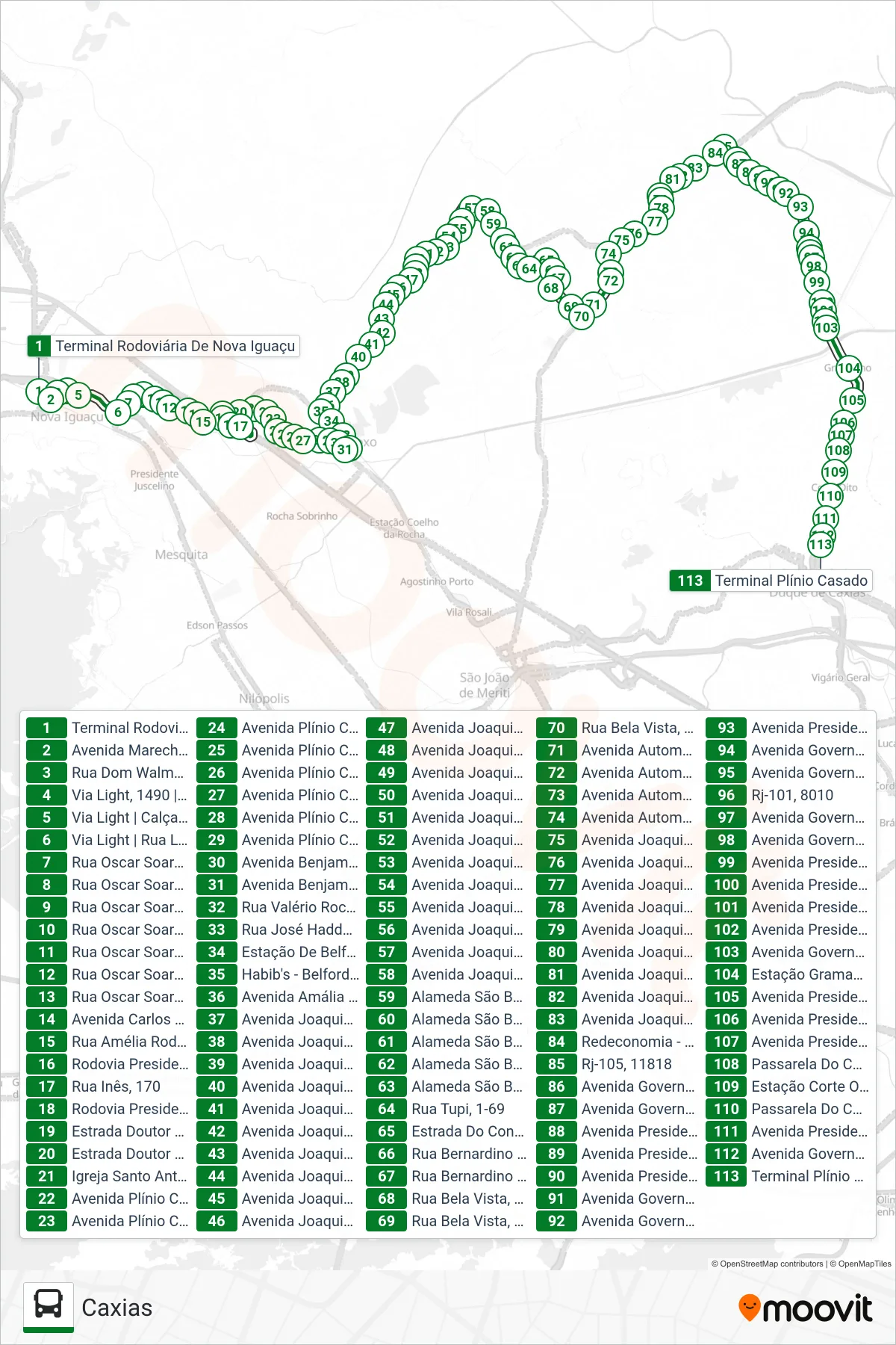Rota e paradas da linha de ônibus 116I (Caxias) no mapa