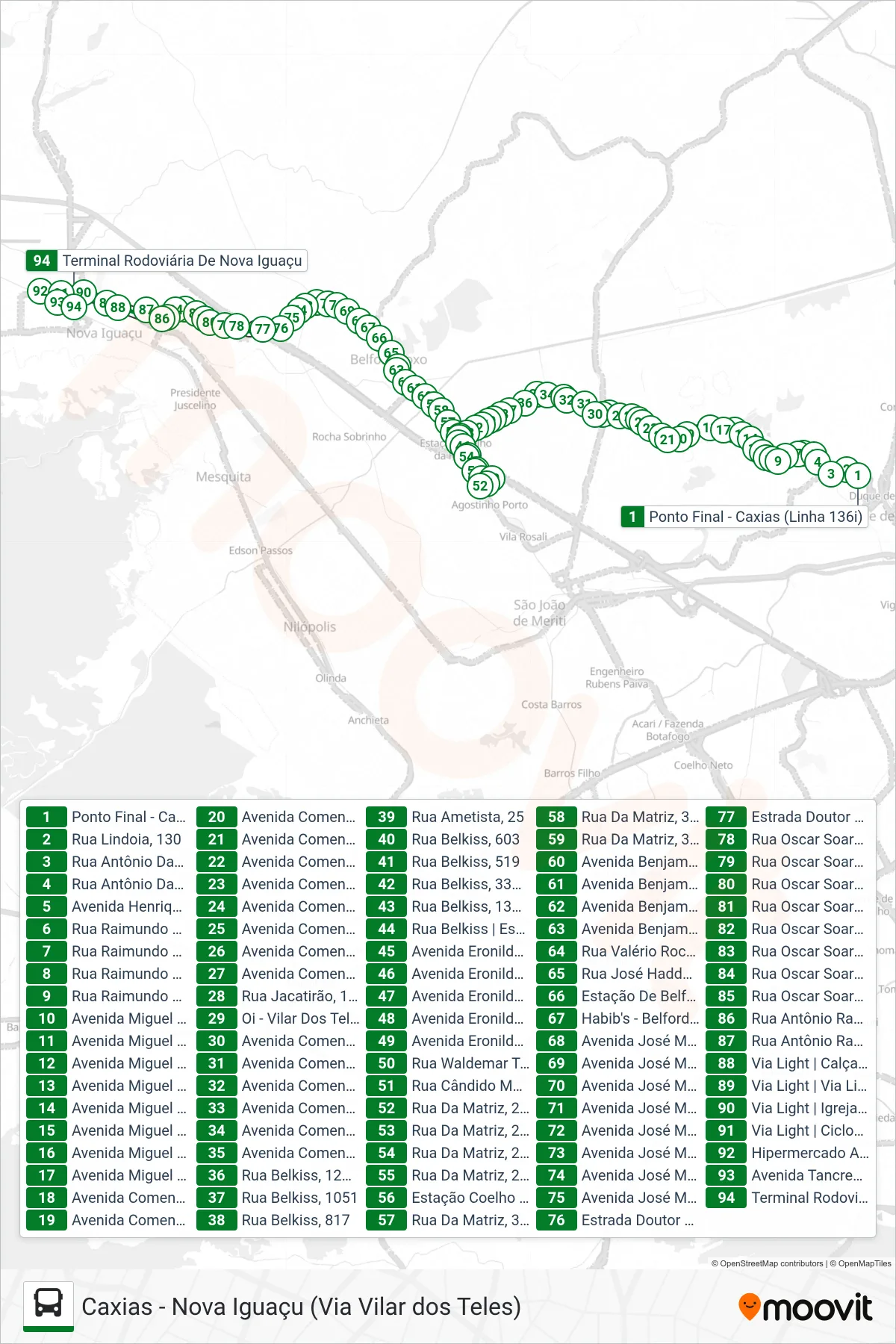 Rota e paradas da linha de ônibus 136I (Nova Iguaçu) no mapa