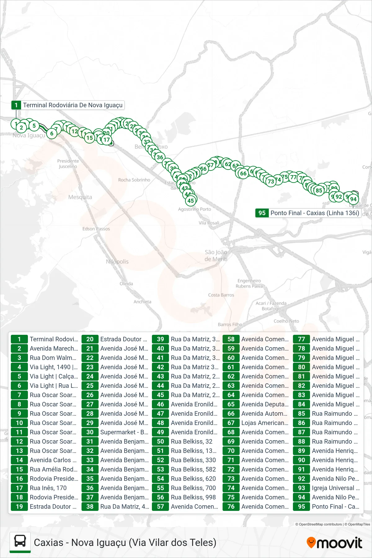 Rota e paradas da linha de ônibus 136I (Caxias) no mapa