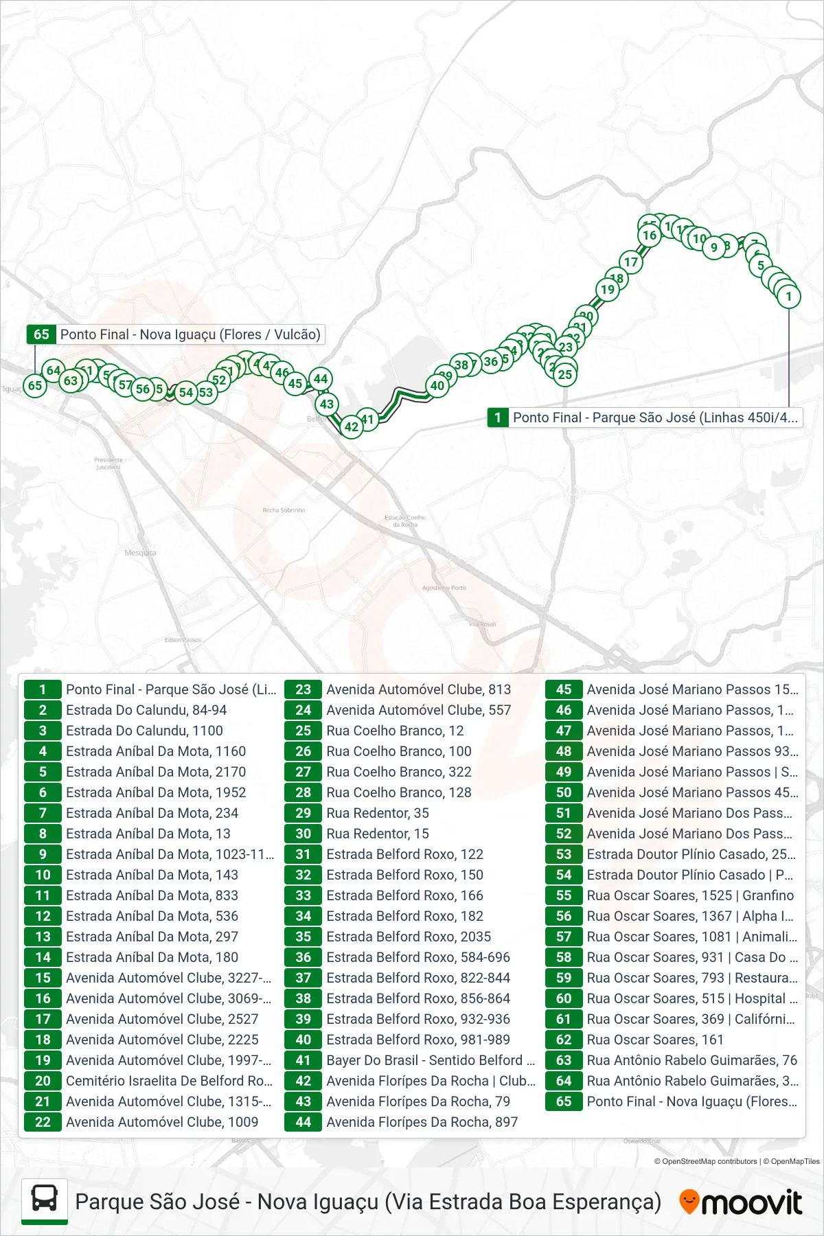 Rota e paradas da linha de ônibus  451I  (Nova Iguaçu) no mapa