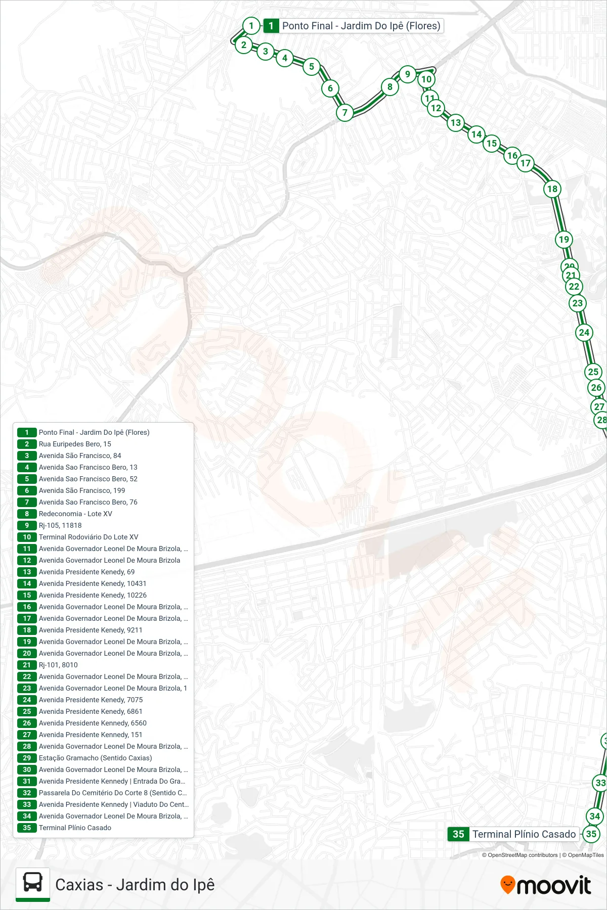 Rota e paradas da linha de ônibus 454I (Caxias) no mapa