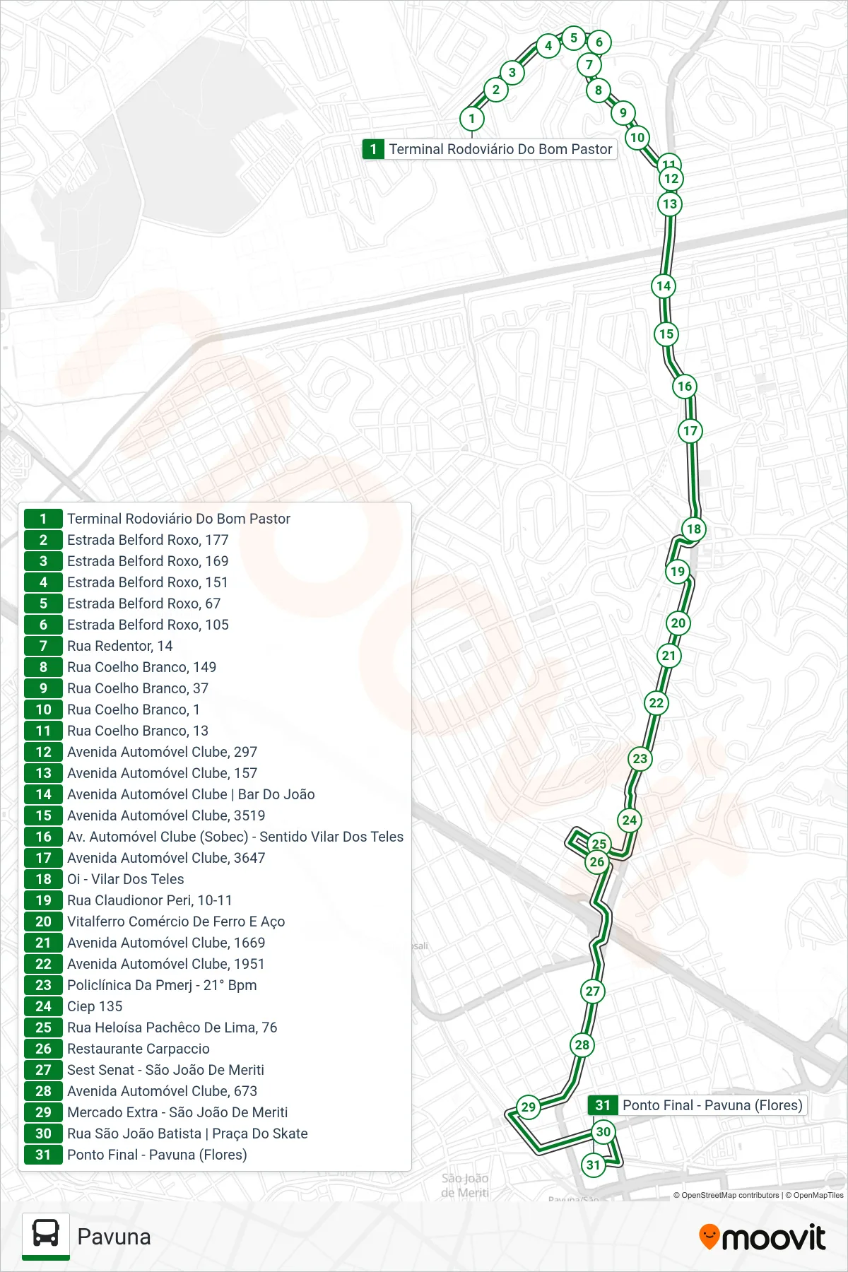 Rota e paradas da linha de ônibus 497I (Pavuna) no mapa
