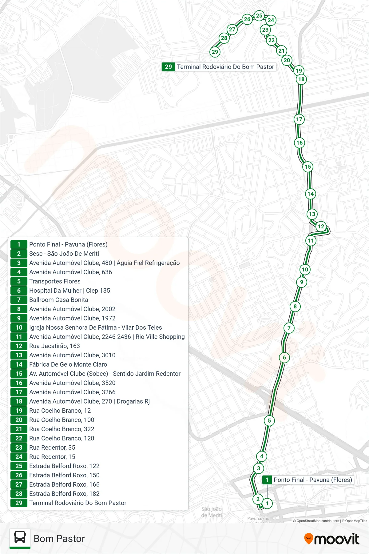 Rota e paradas da linha de ônibus 497I (Bom Pastor) no mapa