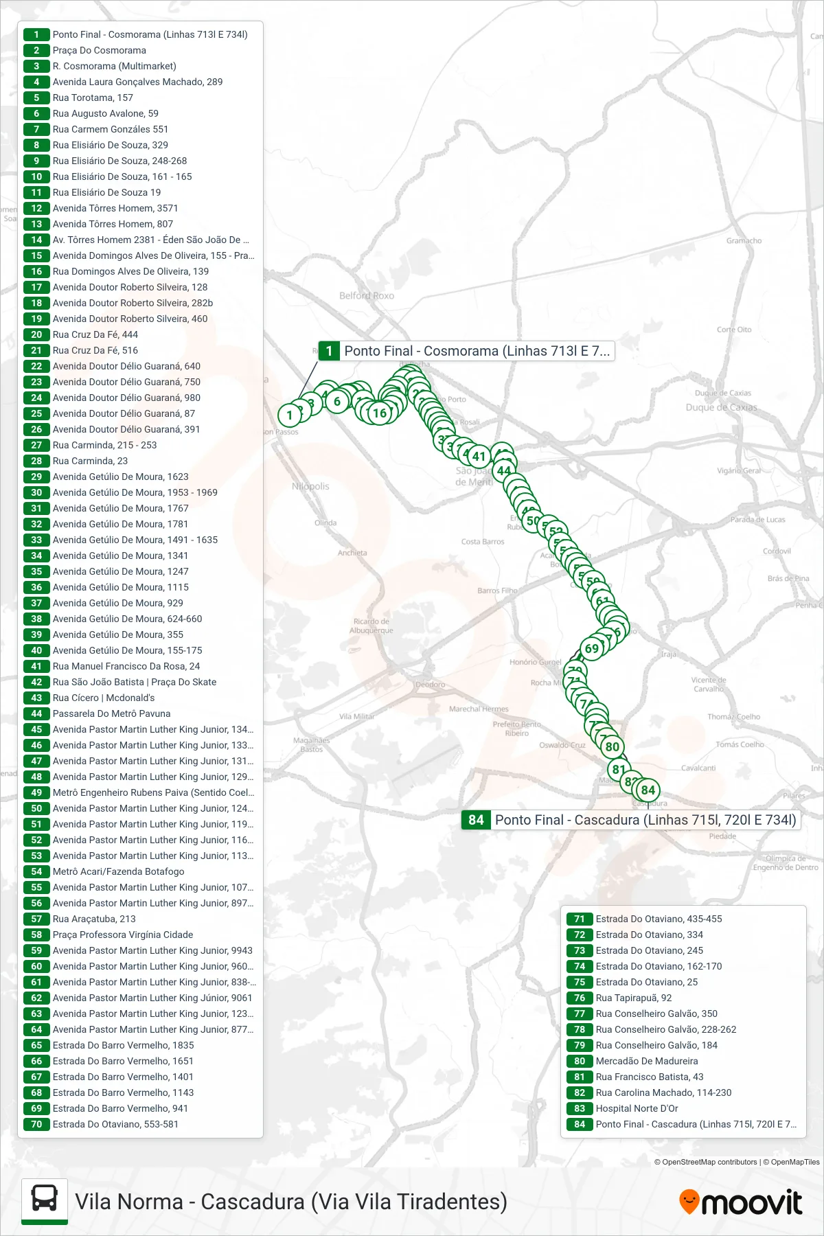 Rota e paradas da linha de ônibus  734L  (Cascadura) no mapa